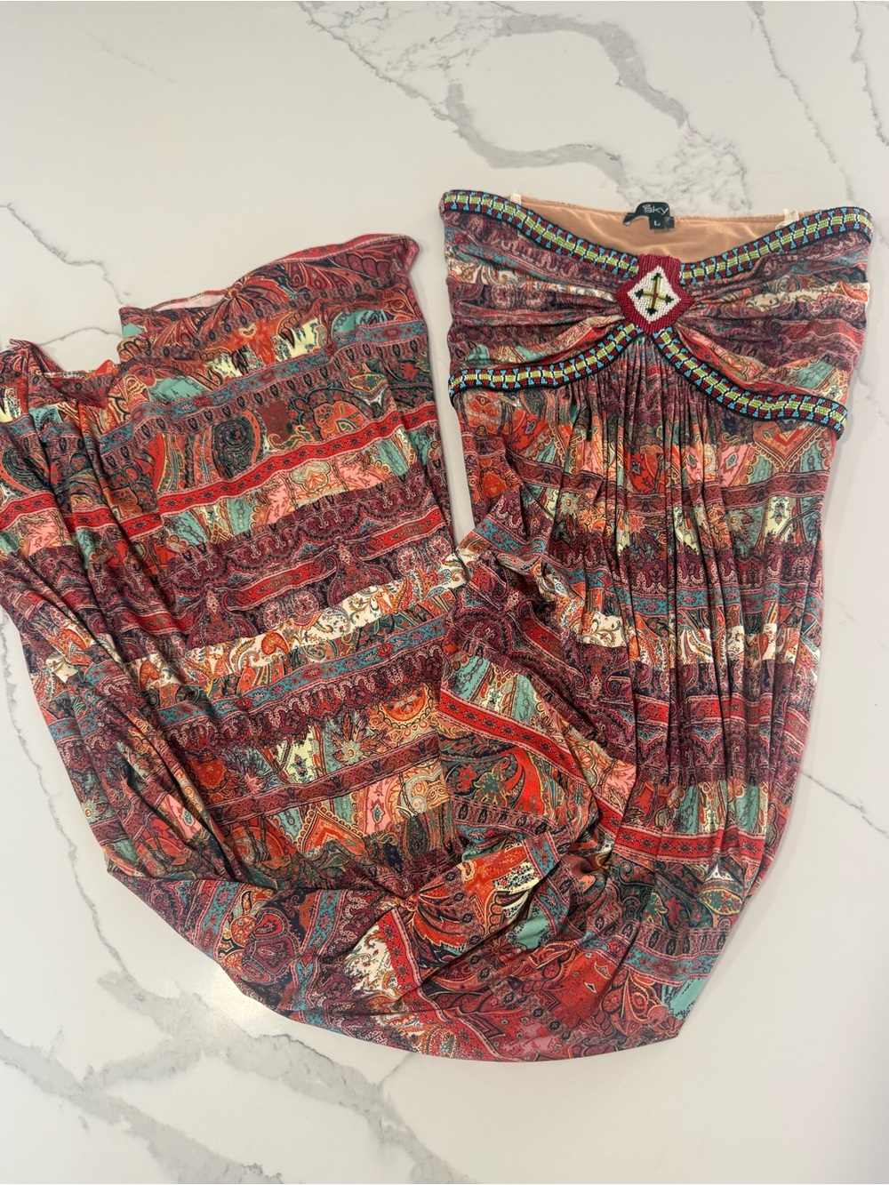 Sky Boho Beaded Strapless Paisley Maxi Dress Womens Sz L vintage Y2K